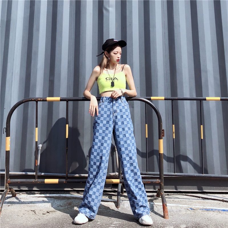 Blue Plaid Checkerboard High Waist Wide Leg Pants Women Hip Hop Loose Straight Pantalon Femme Trousers Punk Bottom Harem Pants