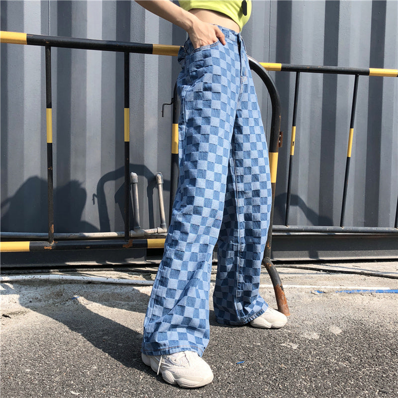 Blue Plaid Checkerboard High Waist Wide Leg Pants Women Hip Hop Loose Straight Pantalon Femme Trousers Punk Bottom Harem Pants