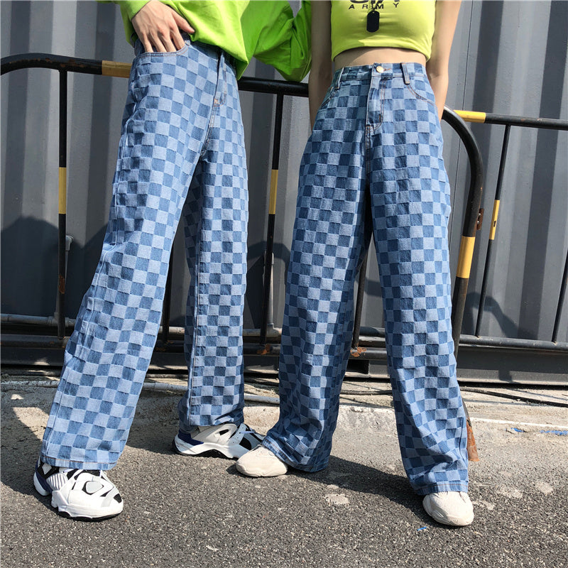 Blue Plaid Checkerboard High Waist Wide Leg Pants Women Hip Hop Loose Straight Pantalon Femme Trousers Punk Bottom Harem Pants
