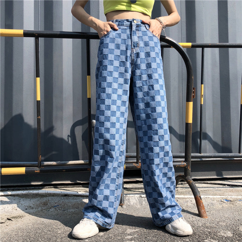 Blue Plaid Checkerboard High Waist Wide Leg Pants Women Hip Hop Loose Straight Pantalon Femme Trousers Punk Bottom Harem Pants